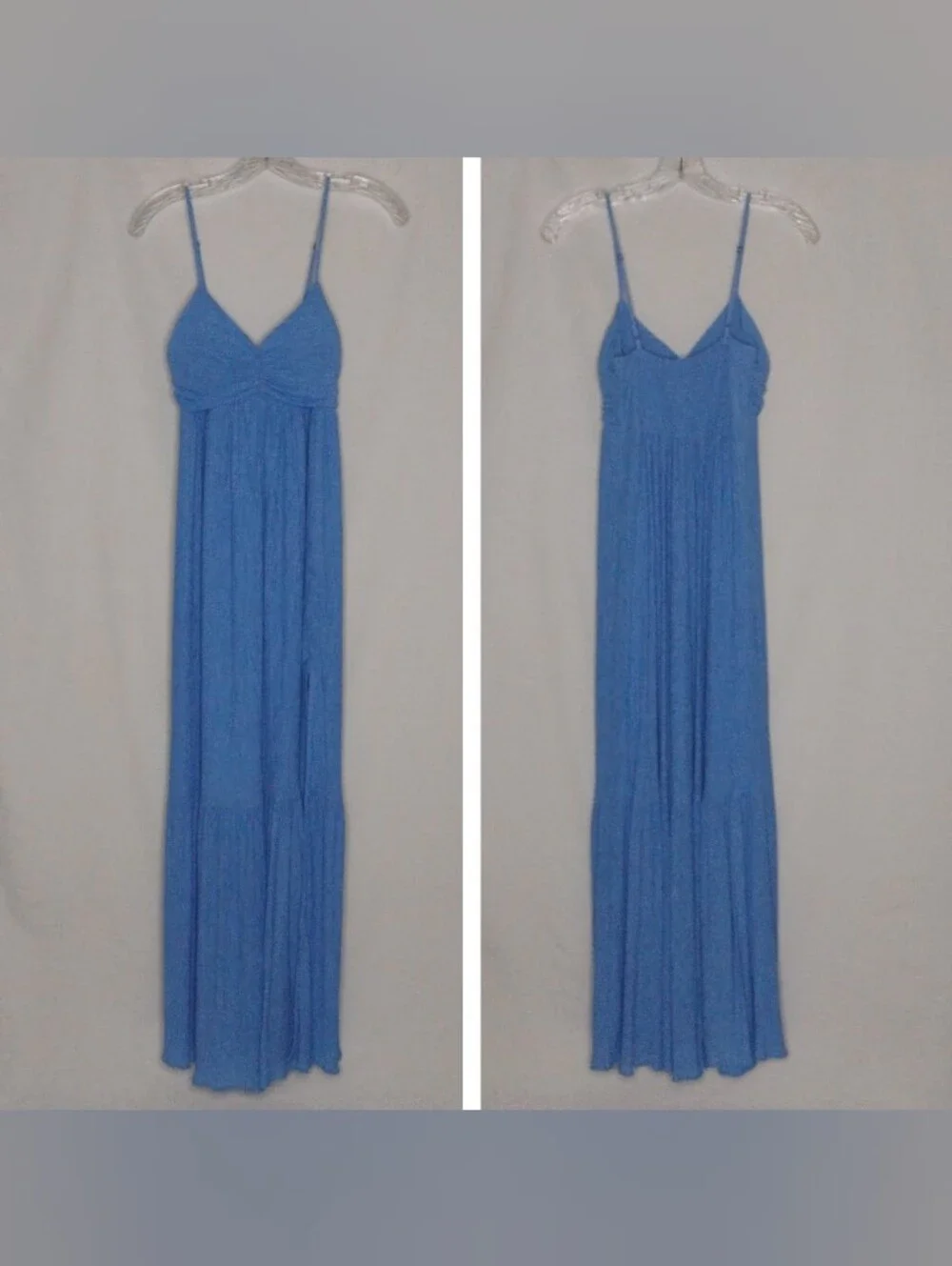 Abercrombie & Fitch Ruched Crinkle Textured Maxi Dress Blue Side Slit XS Tall